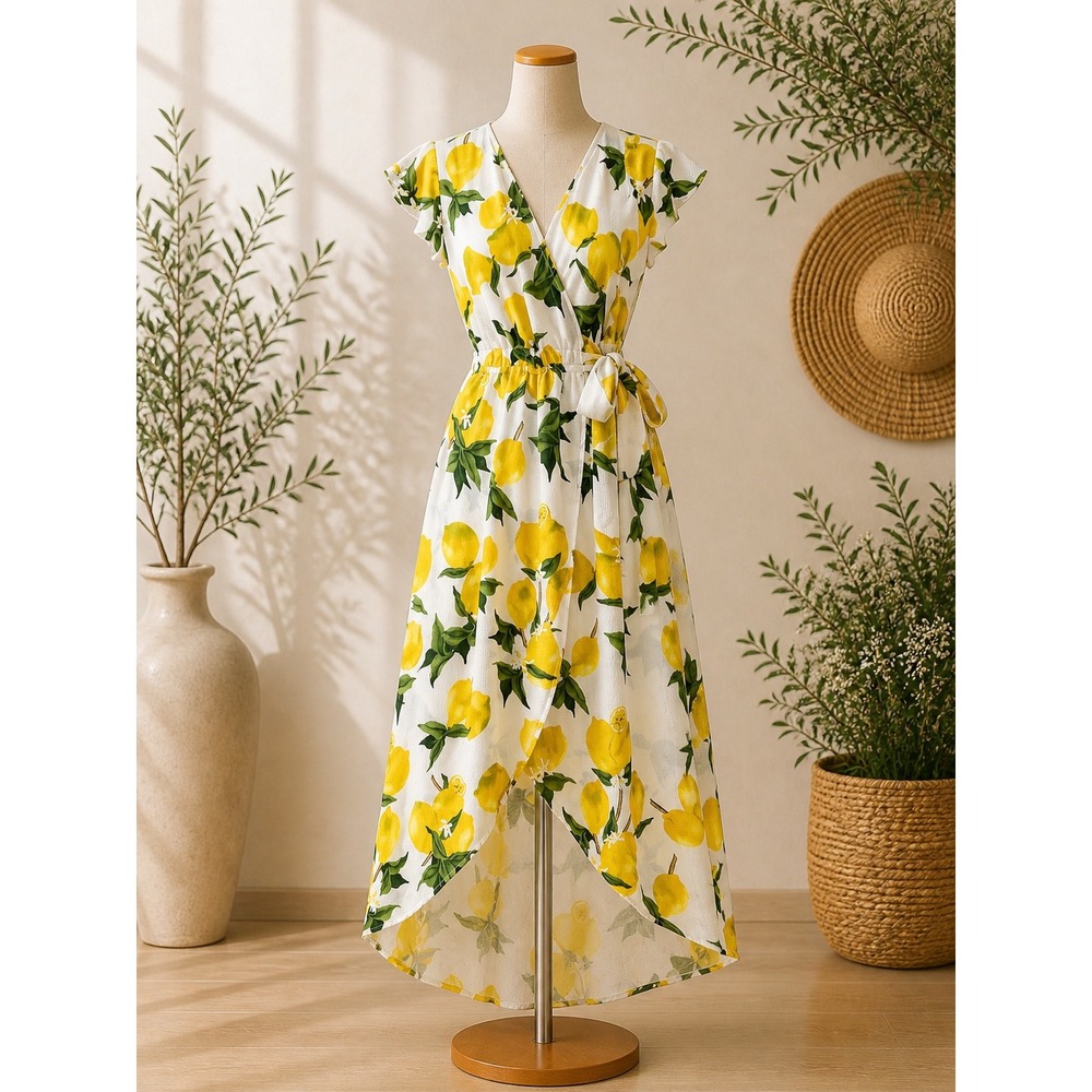 Dream of Me Women Yellow Lemon Print Wrap Maxi Dress Flutter Sleeve High Low S